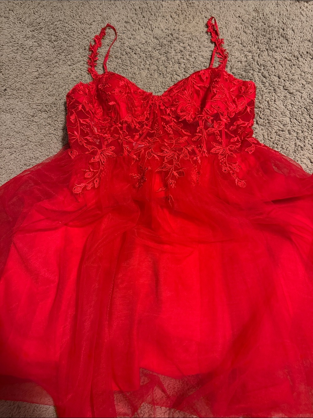 David's Bridal Red Floral Applique Tulle Cocktail Dress